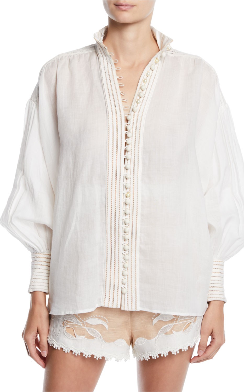 Zimmermann Corsage Linear Embroidered Linen Button-Front Top