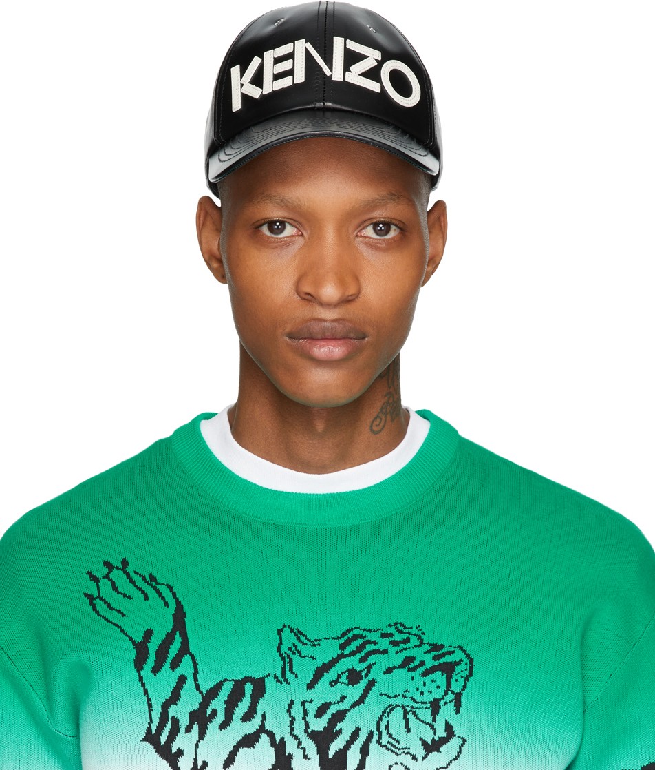 KENZO Black Leather Logo Cap