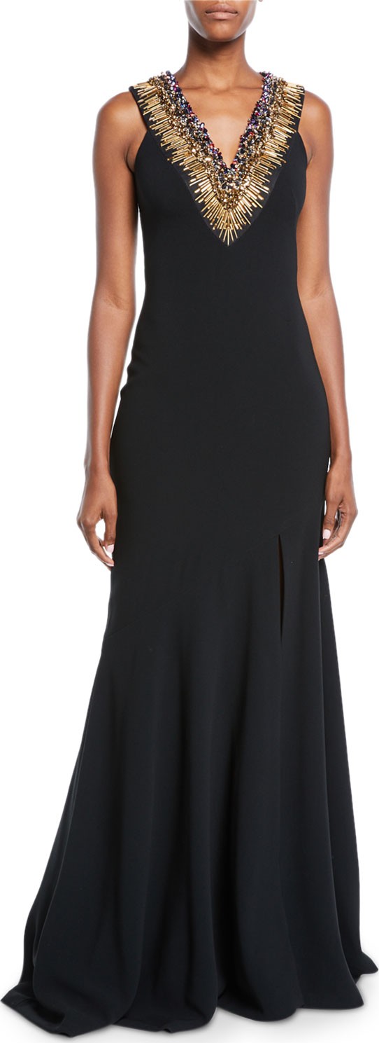 Theia Jeweled Necklace Sleeveless Trumpet Gown