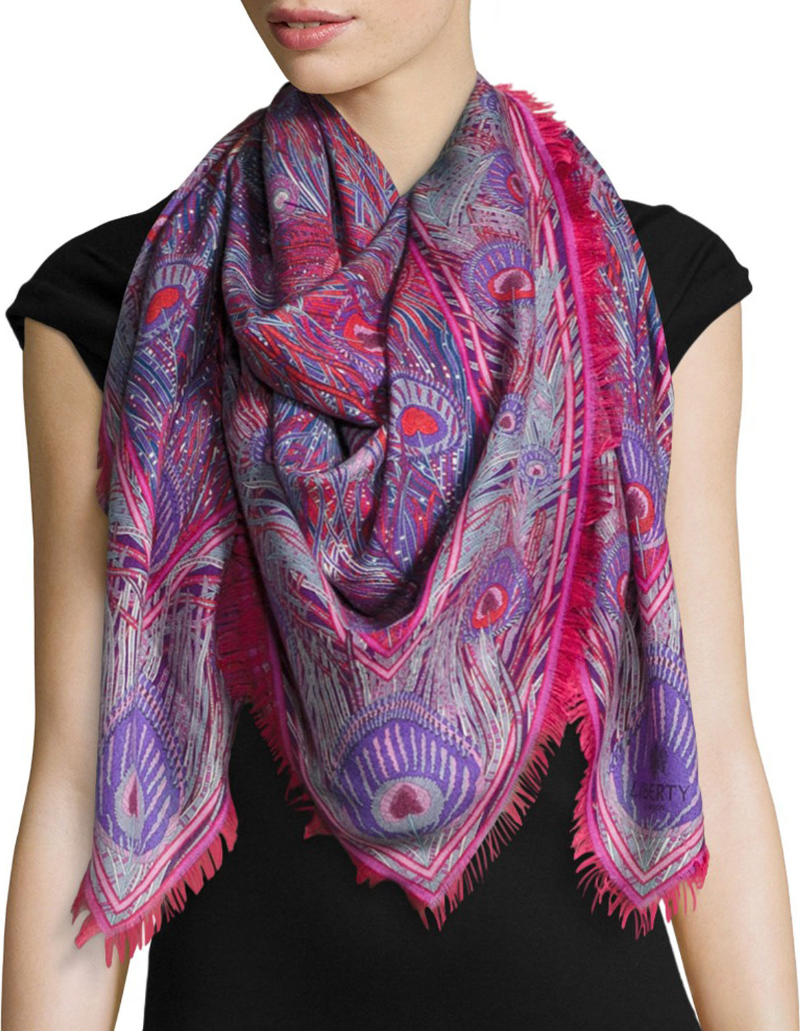 Liberty London Hera Feather-Print Cashmere & Silk Square Scarf, Red