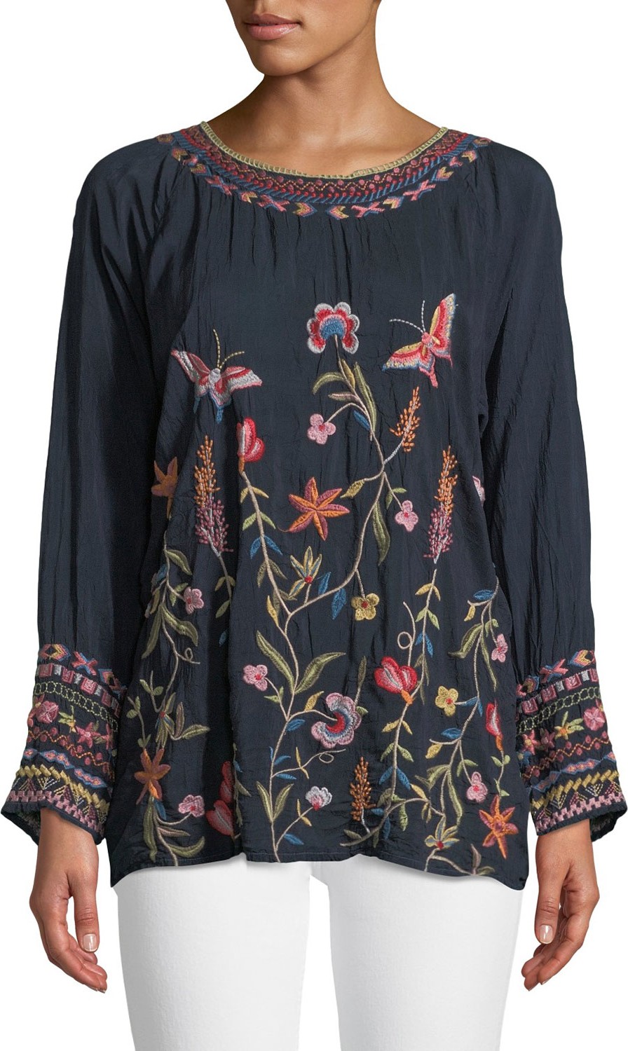 Johnny Was Gella Floral-Embroidered Long-Sleeve Top