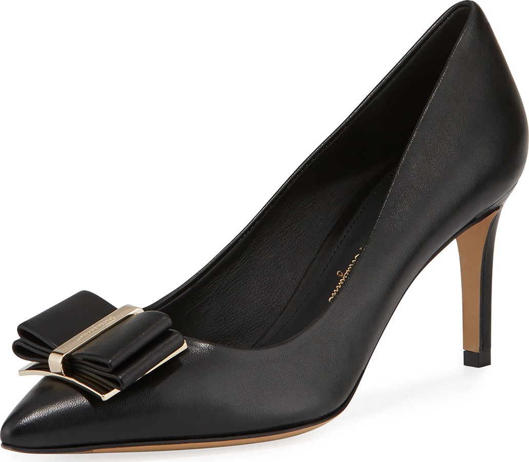 Salvatore Ferragamo Zeri Mid-Heel Leather Bow Pumps