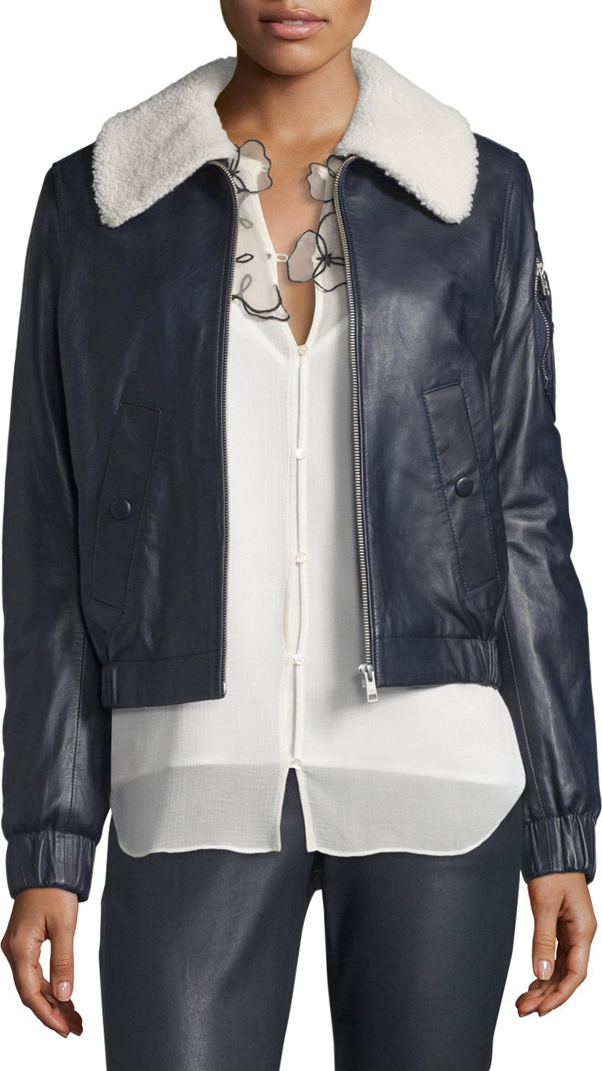 See By Chloé Leather Bomber Zip-Front Jacket, Navy