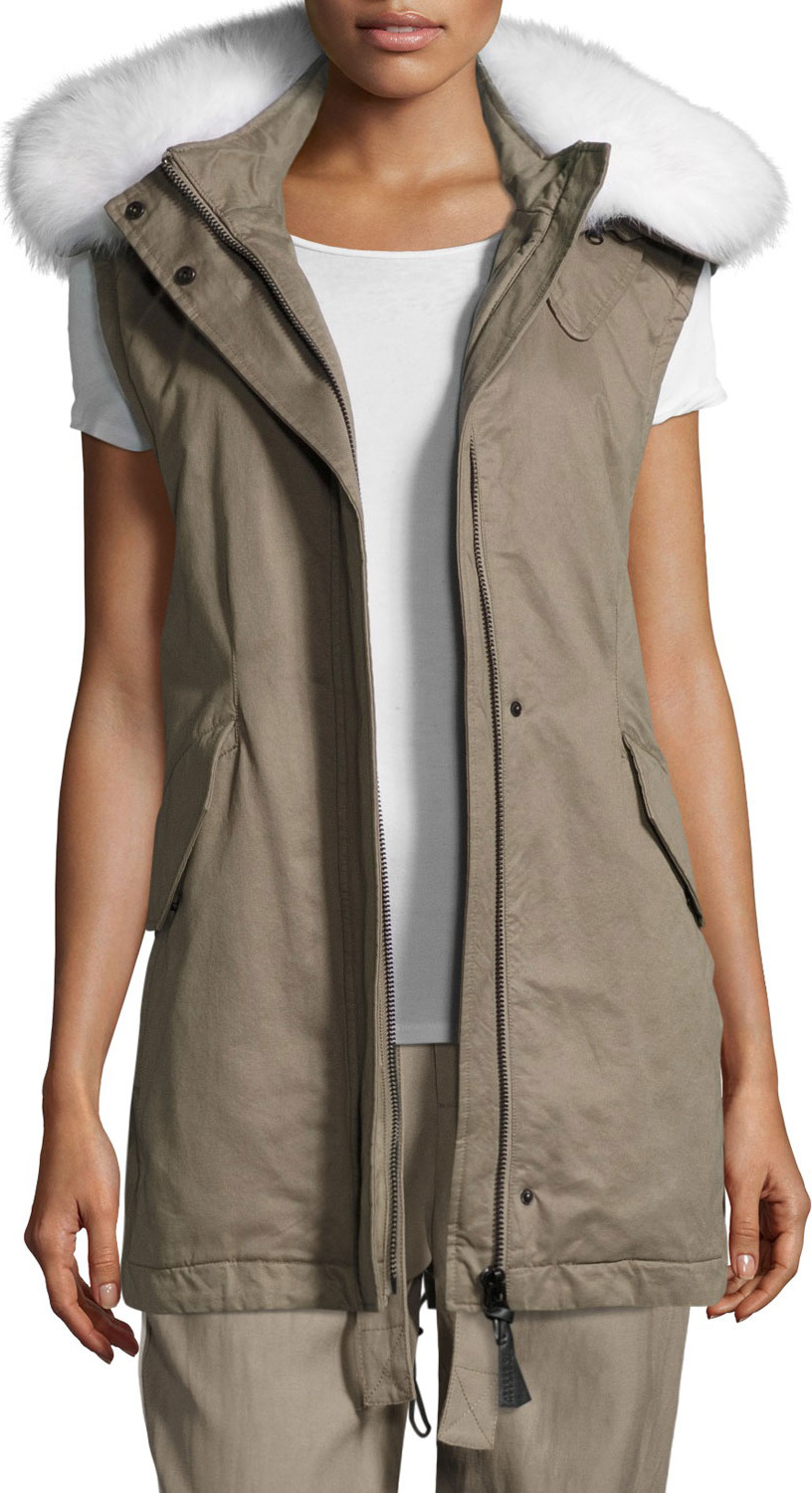 Derek Lam 10 Crosby Utility Cotton Vest w/ Fur Hood, Sage
