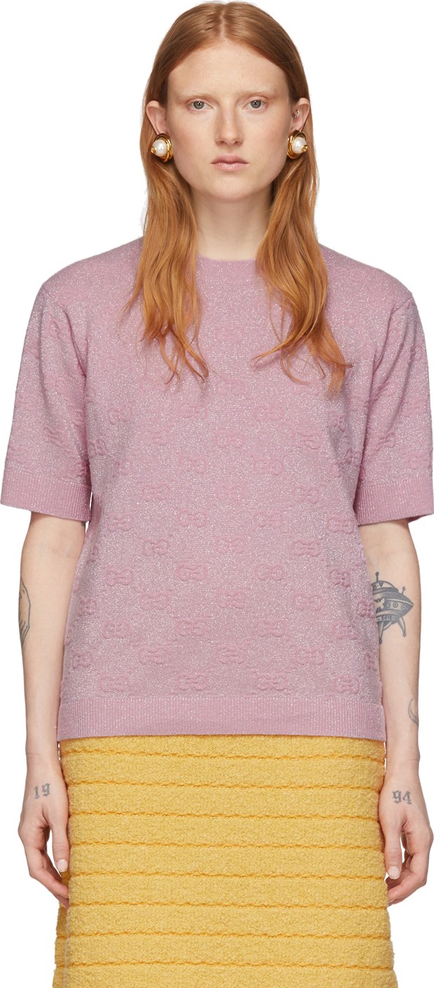 Gucci Pink Lurex Interlocking G Short Sleeve Sweater