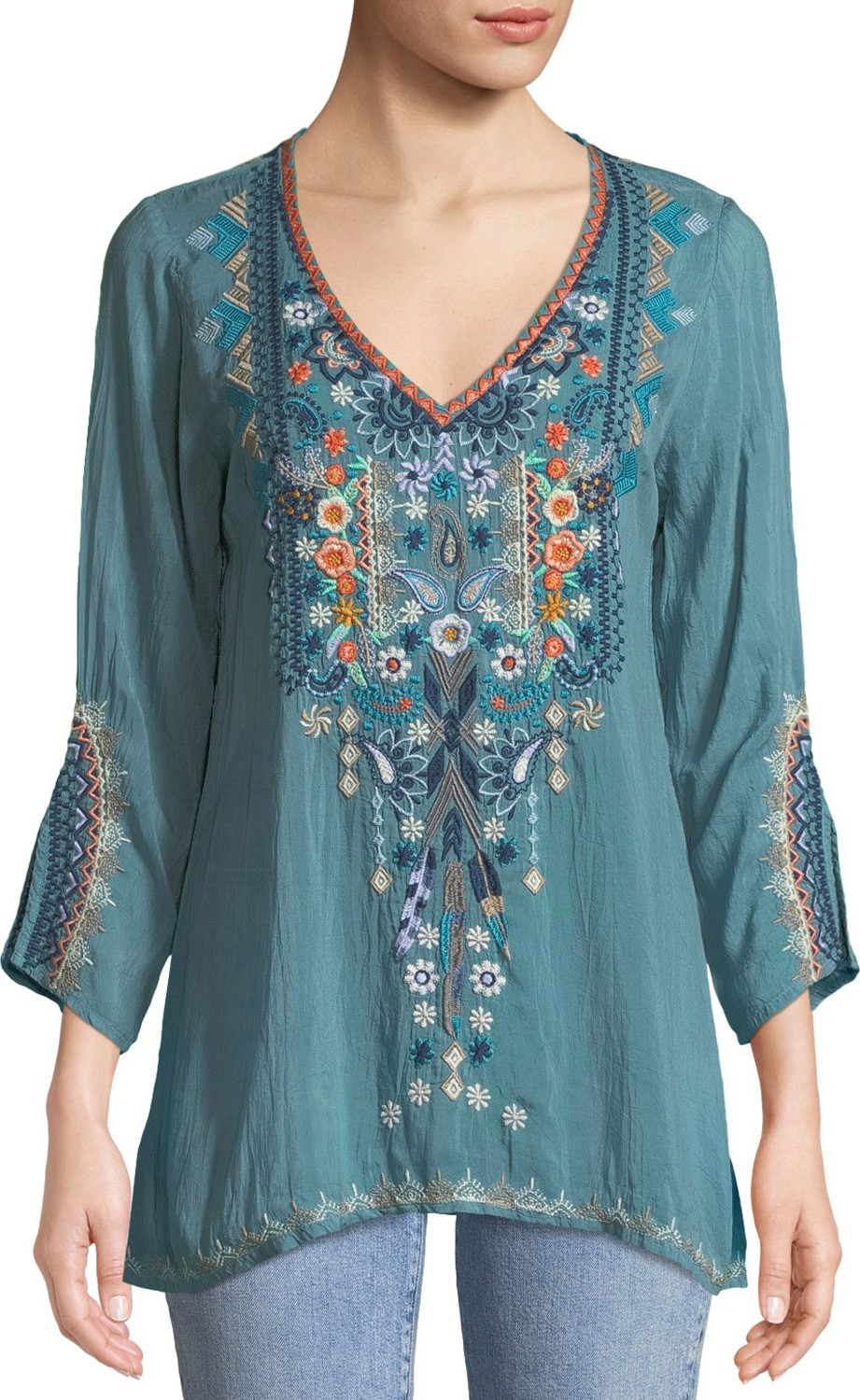 Johnny Was Maya V-Neck Embroidered Blouse