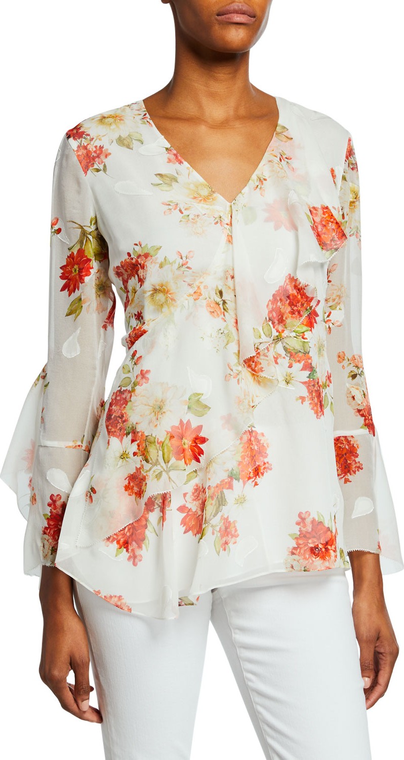 Elie Tahari Eda Floral-Print V-Neck Bracelet-Sleeve Ruffle Blouse