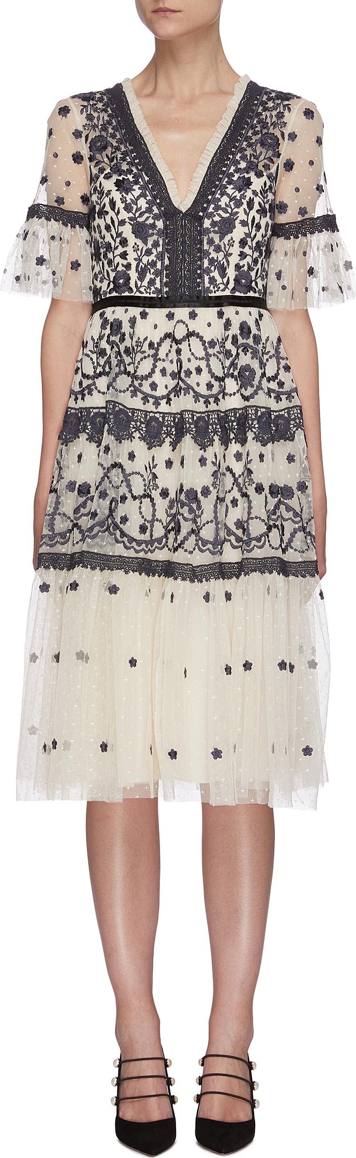 Needle & Thread 'Midsummer' lace trim floral embroidered short sleeve mini dress