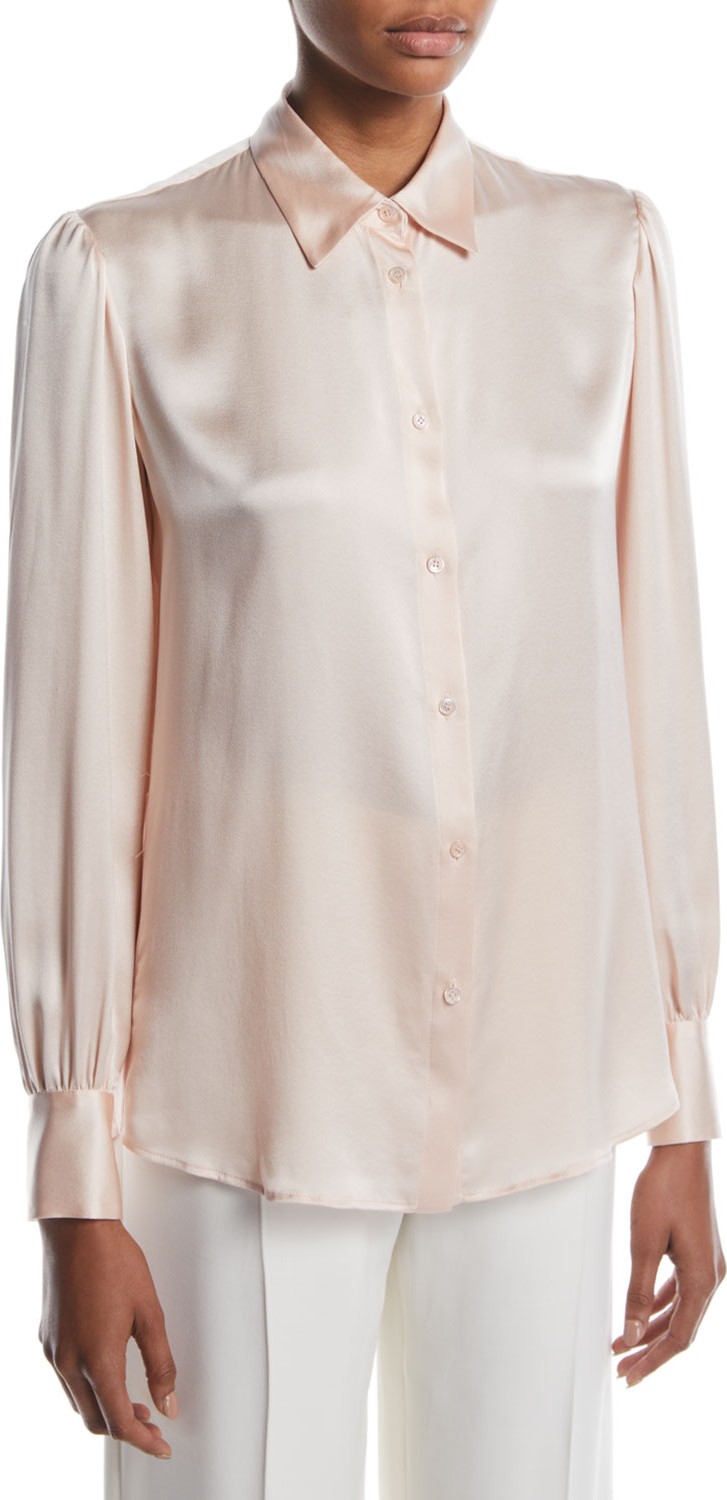 Loro Piana Noah Button-Front Long-Sleeve Silk Satin Blouse
