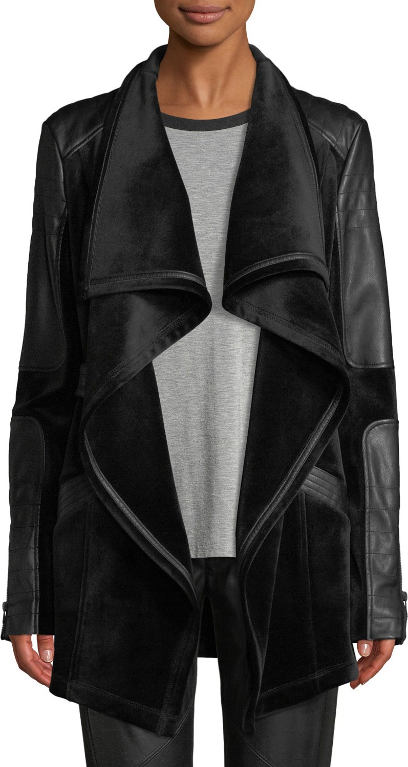 Blanc Noir Drape Velour & Faux-Leather Belted Jacket