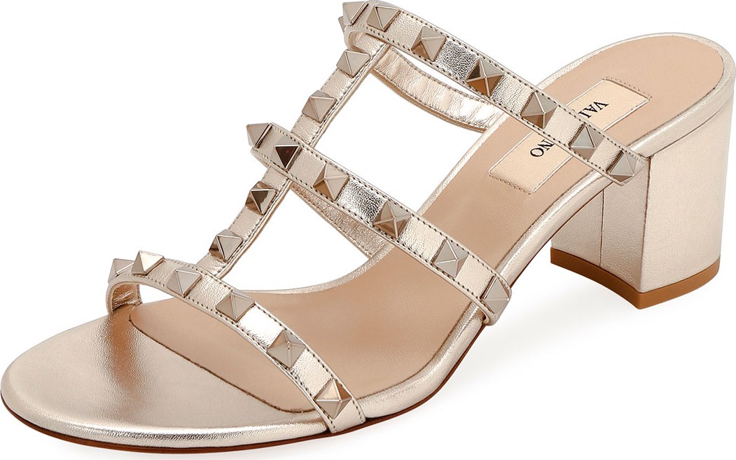 Valentino Rockstud Caged Metallic Leather Slide Sandals