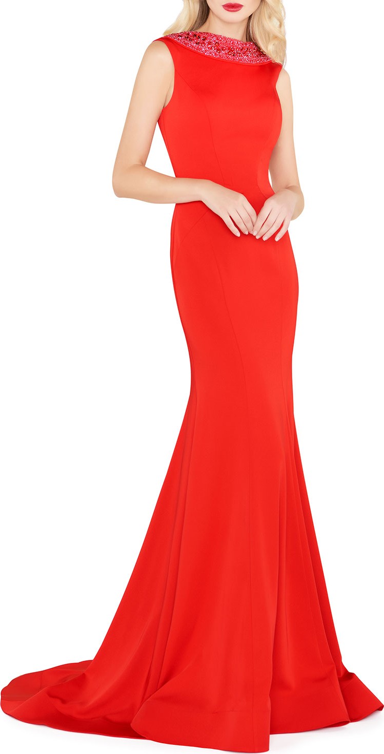Mac Duggal Embellished Collar Sleeveless Fitted Jersey Gown