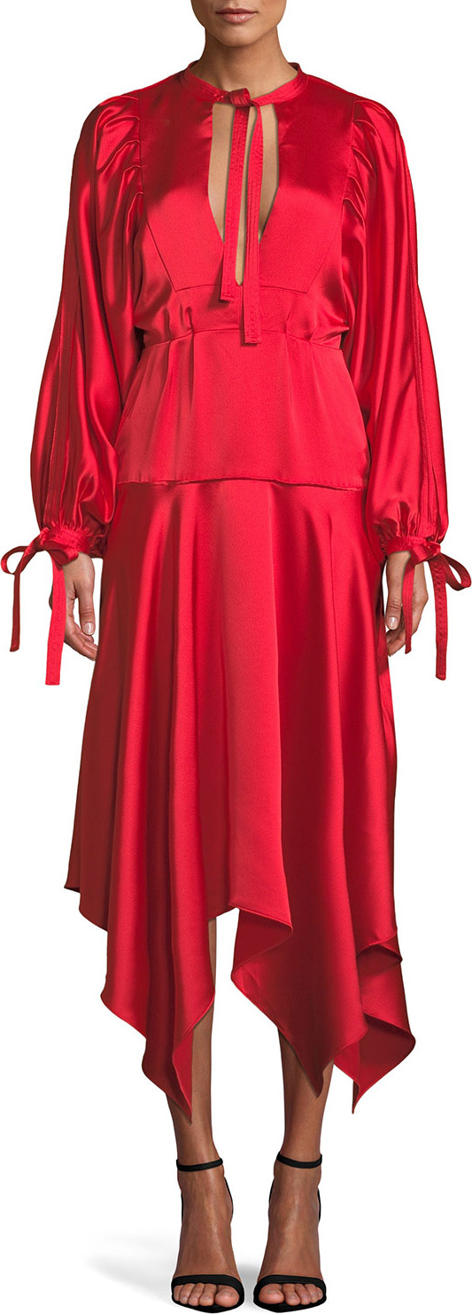 Self Portrait Plunging Satin Handkerchief Midi Dress