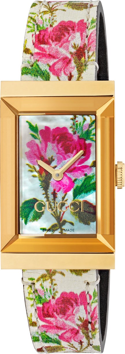 Gucci 21mm G-Frame Blooms Leather Watch, Gold/White