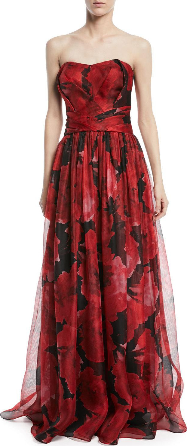 Pamella Roland Strapless Floral-Print Mesh Organza Evening Gown