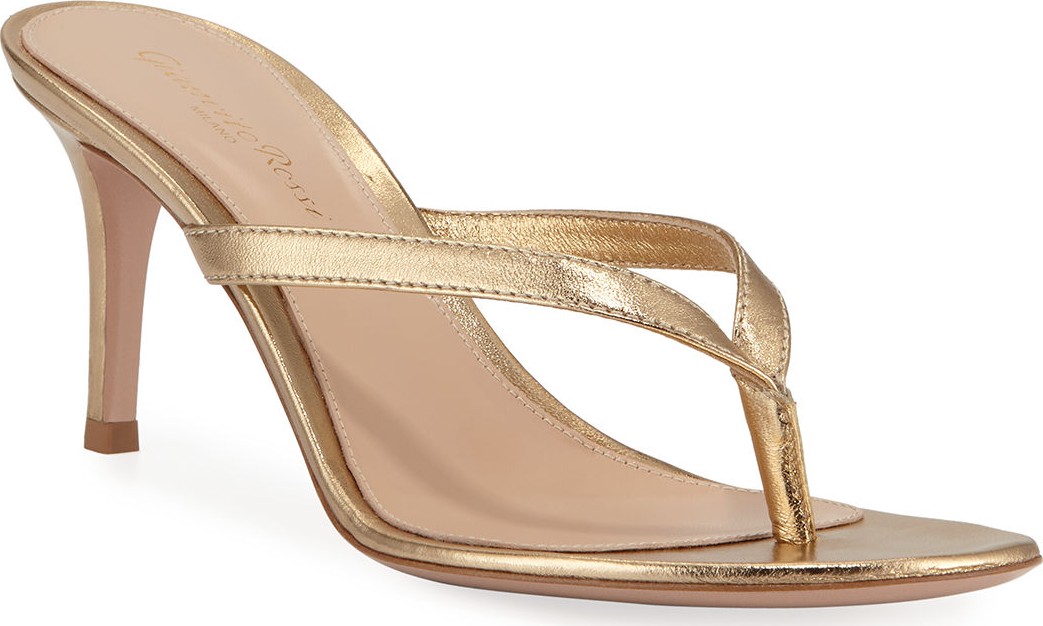 Gianvito Rossi Metallic Leather Mid-Heel Thong Sandals