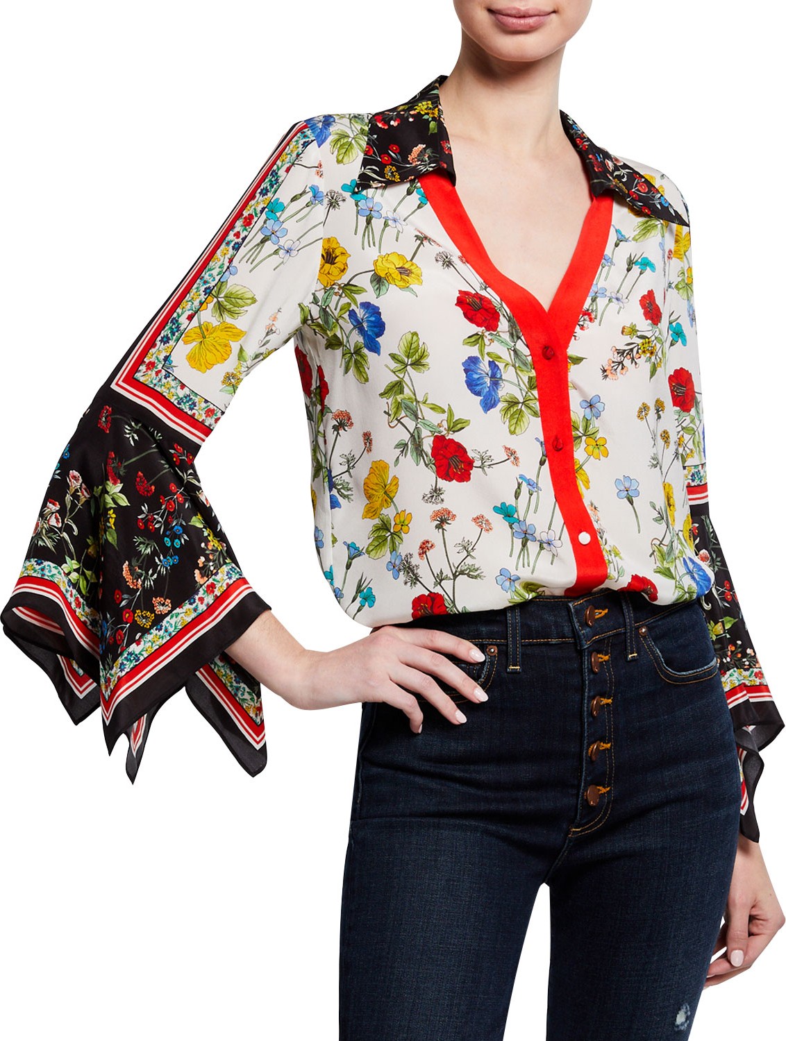 Alice + Olivia Randa Floral-Print Button-Down Trumpet-Sleeve Blouse Alice + Olivia Randa Floral-Print Button-Down Trumpet-Sleeve Blouse
