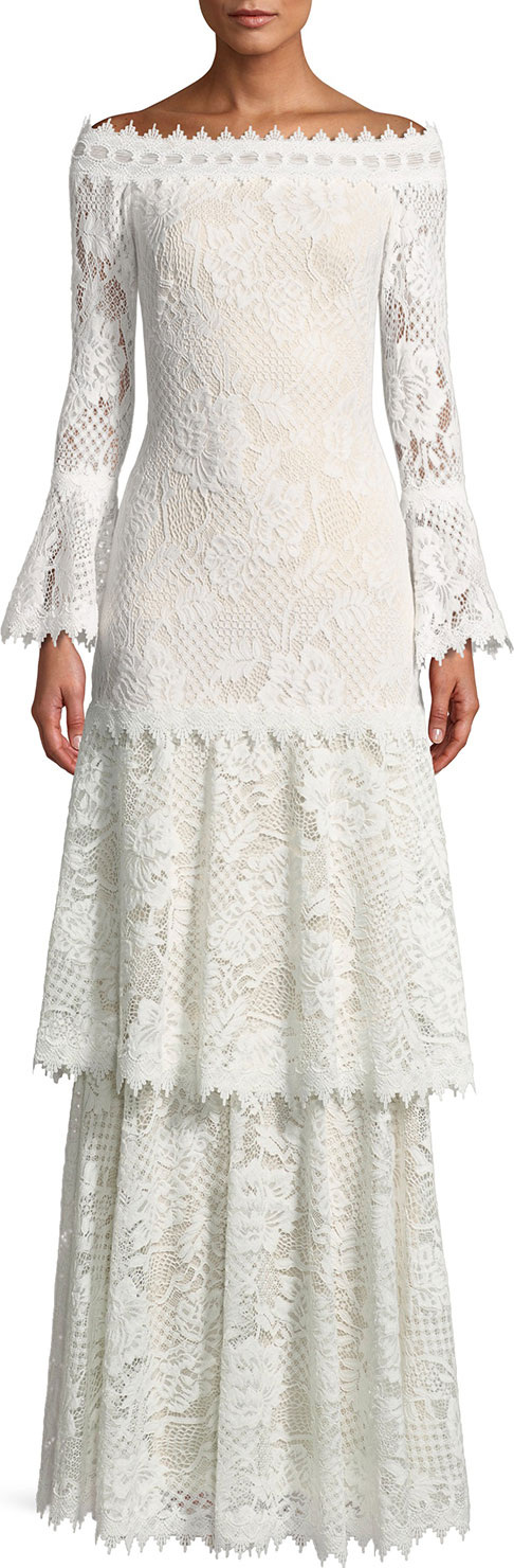 Tadashi Shoji Off-the-Shoulder Tiered Lace Gown