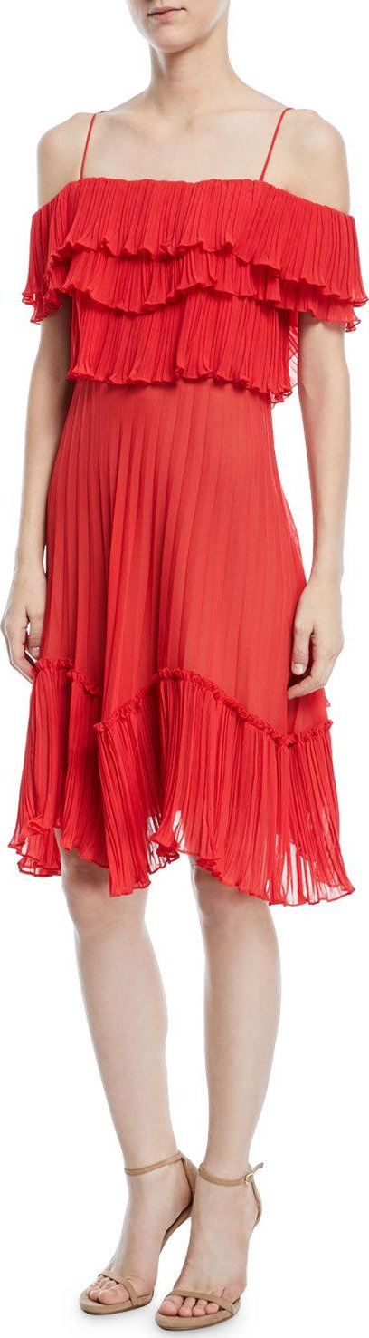 HALSTON HERITAGE Plissé Georgette Popover Ruffle Dress