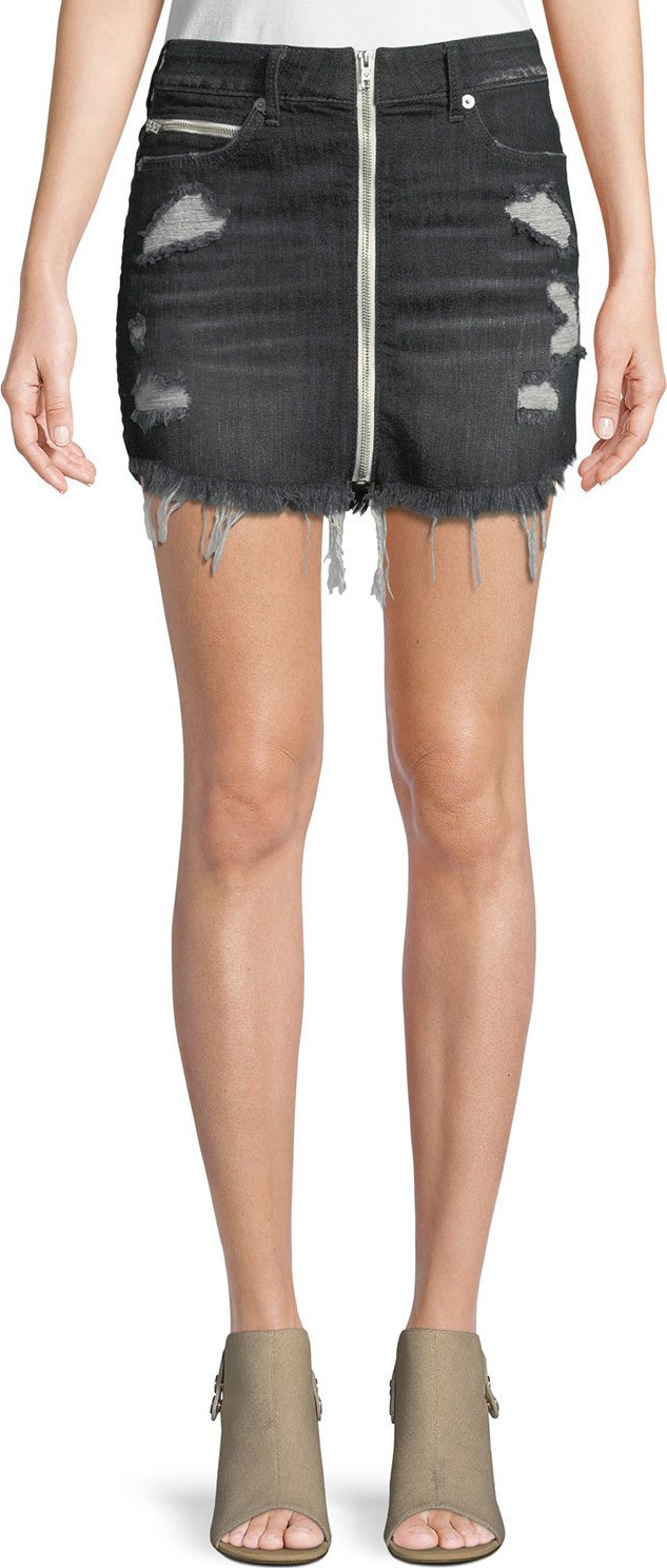 True Religion High-Rise Front-Zip Skirt with Destroy
