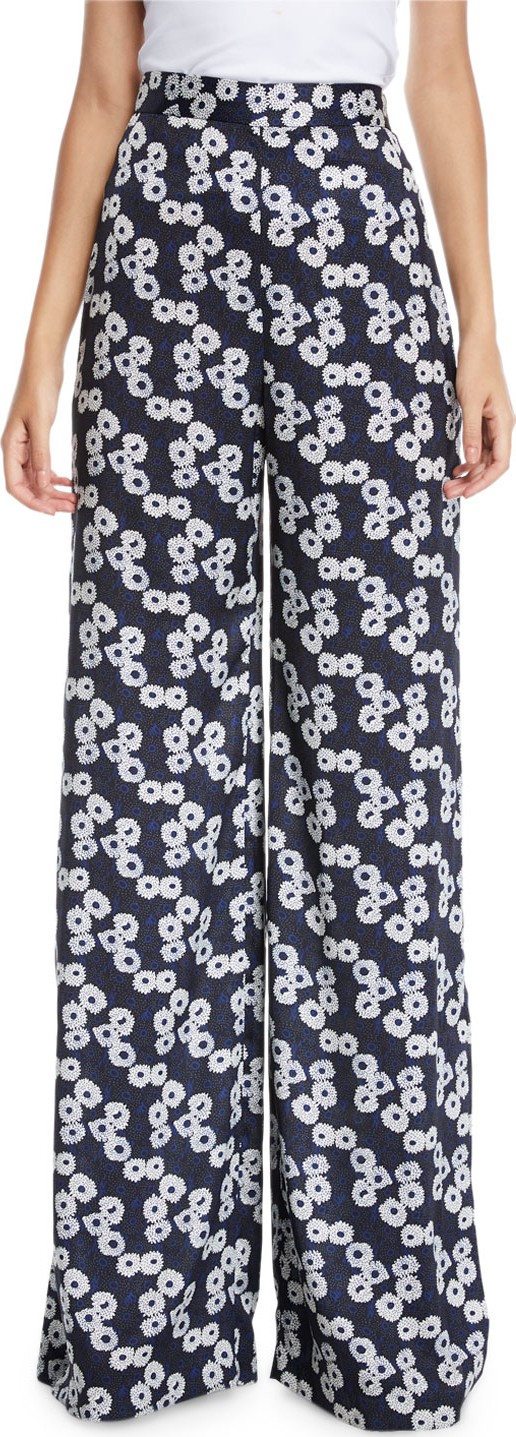 Lela Rose High-Waist Wide-Leg Floral-Print Pants