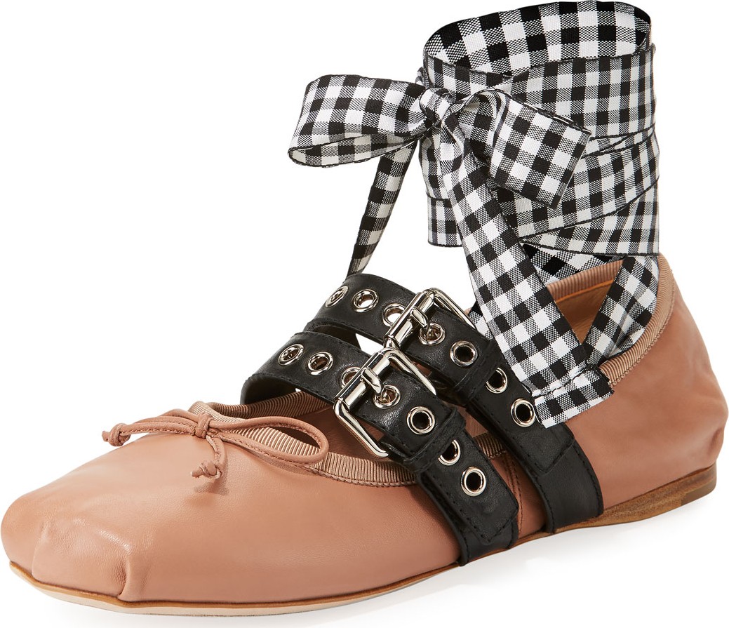 Miu Miu Belted Leather Ballet Flats
