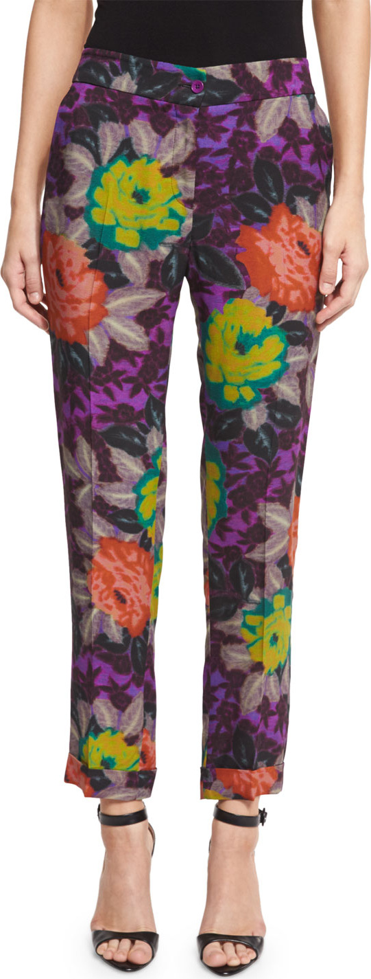 Etro Floral-Print Slim-Leg Ankle Pants, Purple