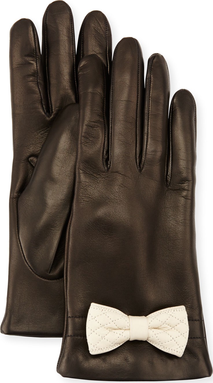 Portolano Leather Bow-Cuff Gloves, Black/White