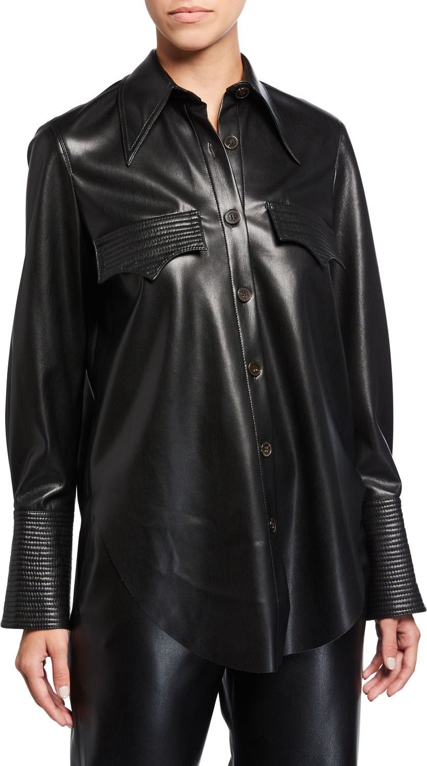 Nanushka Elpi Vegan Leather Long-Sleeve Button-Down Shirt
