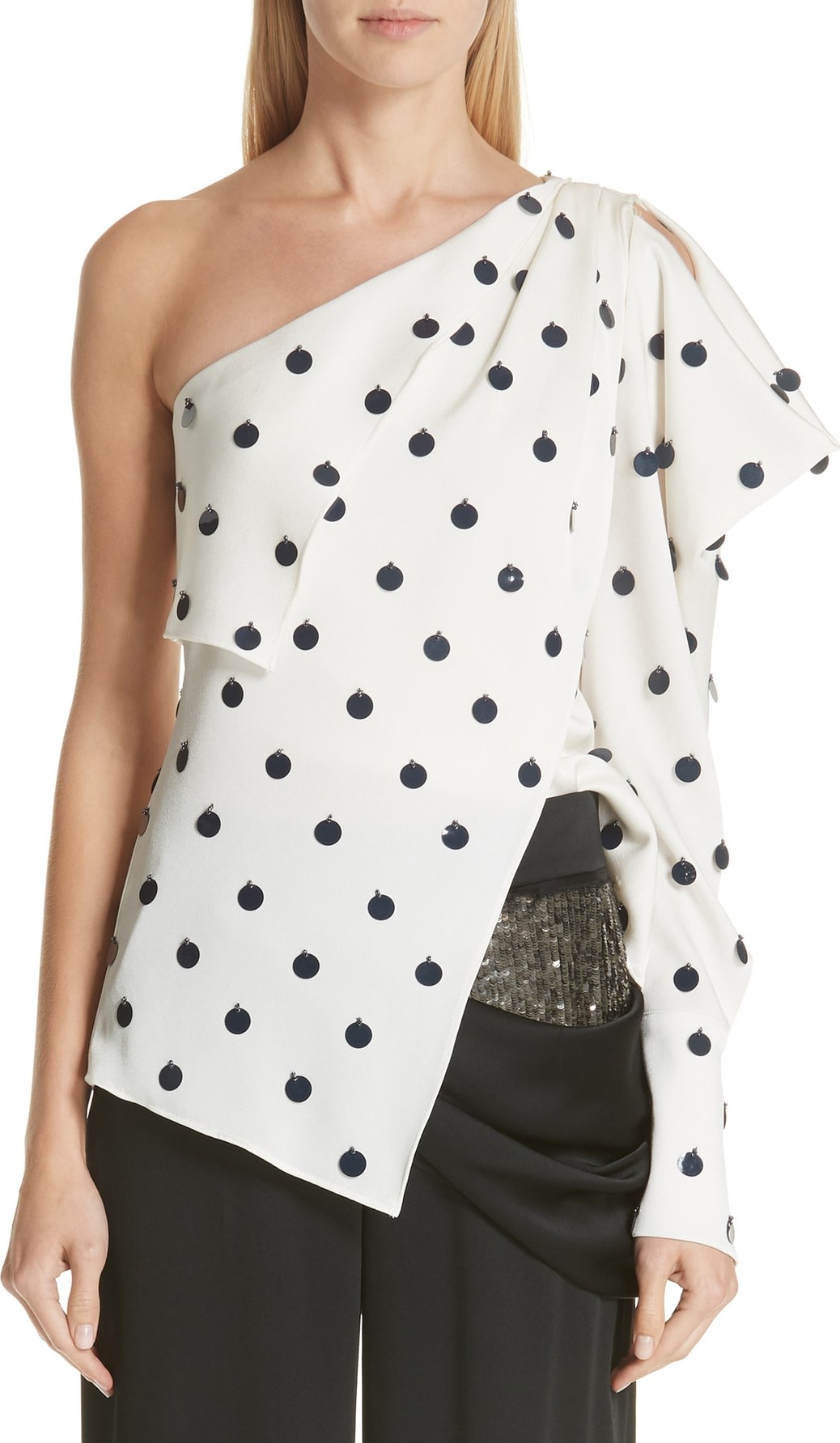 Monse One-Shoulder Dot Sequin Blouse