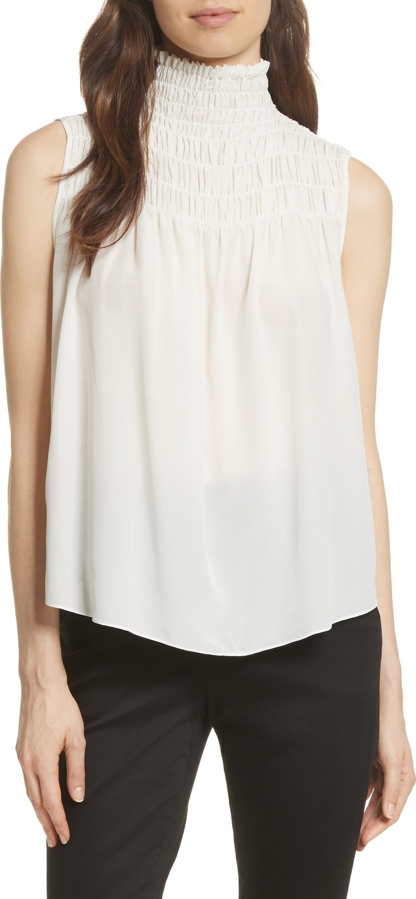 FRAME DENIM Smocked Sleeveless Silk Blouse FRAME DENIM Smocked Sleeveless Silk Blouse