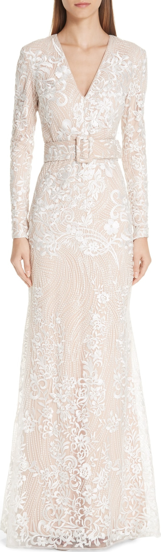 Badgley Mischka Embroidered Belted Gown
