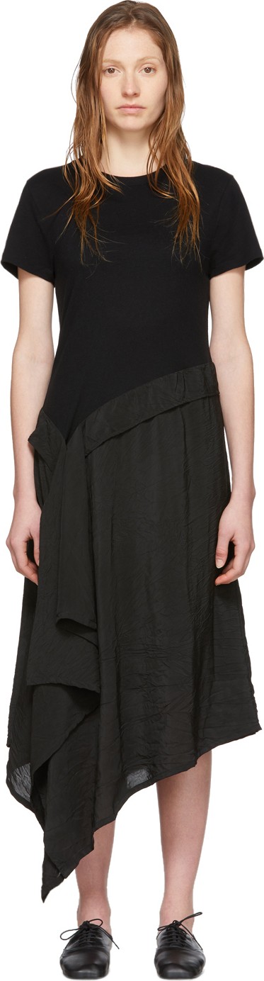 LOEWE Black Satin & Jersey T-Shirt Dress