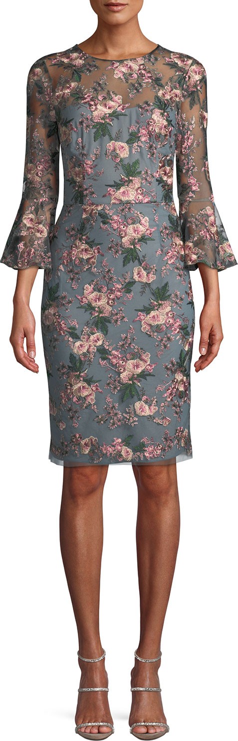 David Meister Floral-Embroidered Lace Trumpet-Sleeve Sheath Cocktail Dress