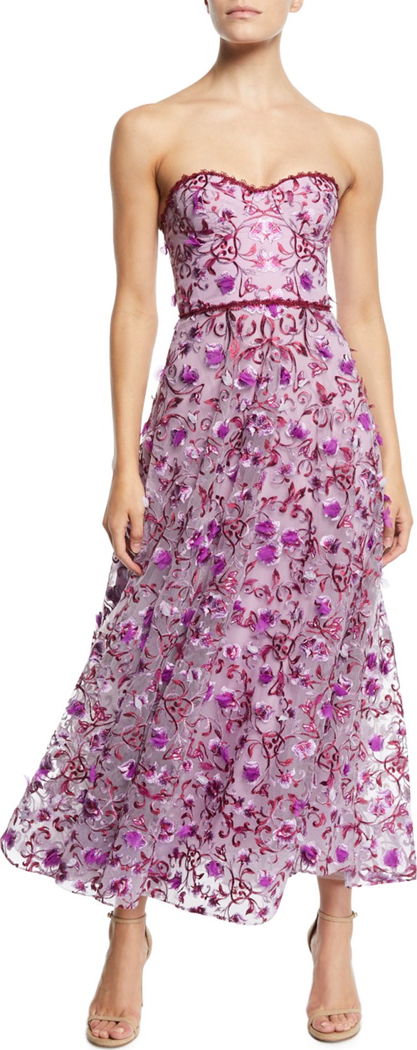 Marchesa Notte Strapless 3D Floral Embroidery Dress