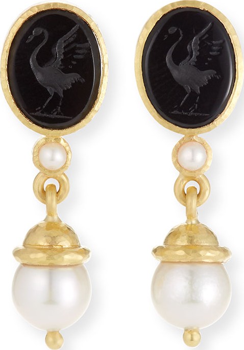 Elizabeth Locke 19k Gold Crane Intaglio & Akoya Pearl Drop Earrings, Black