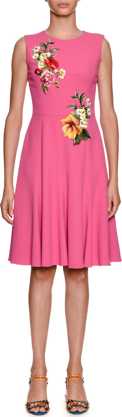 Dolce & Gabbana Sleeveless Stretch-Cady Dress w/ Floral Applique