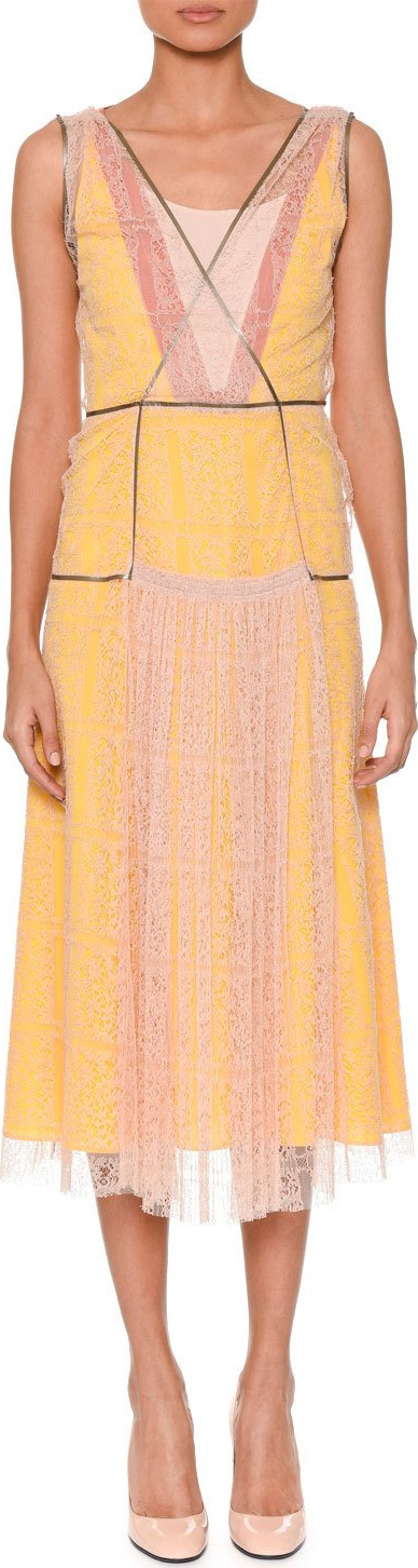 Bottega Veneta Sleeveless V-Neck Lace Midi Cocktail Dress with Contrast Slip