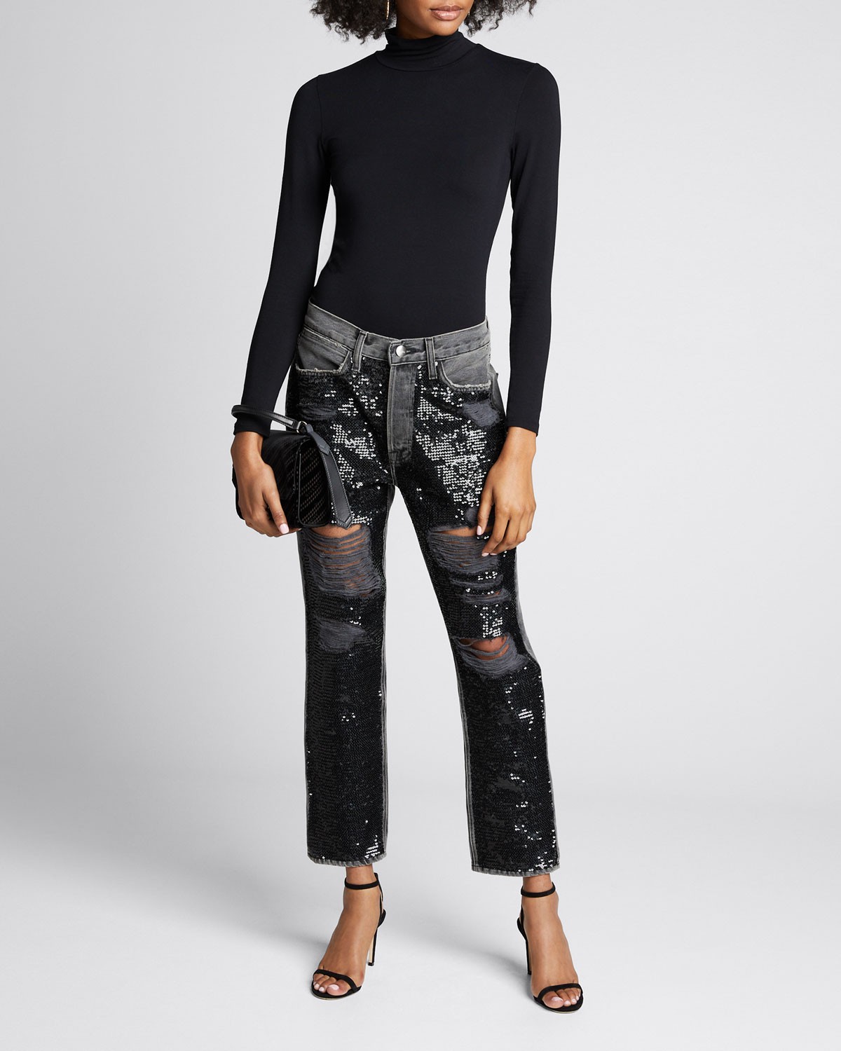 FRAME DENIM Sequined Distressed Straight-Leg Jeans
