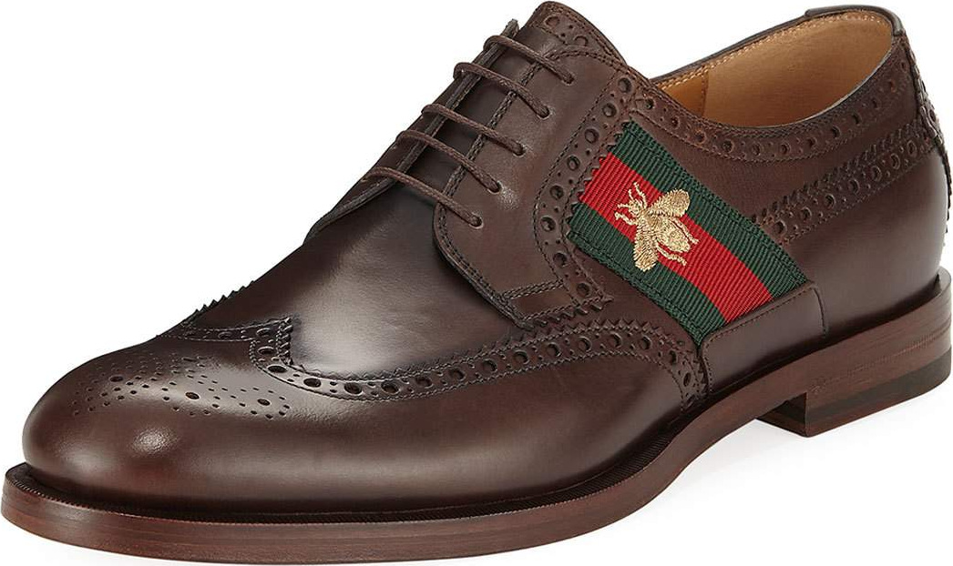 Gucci Strand Leather Lace-Up Shoe with Bee Web, Brown