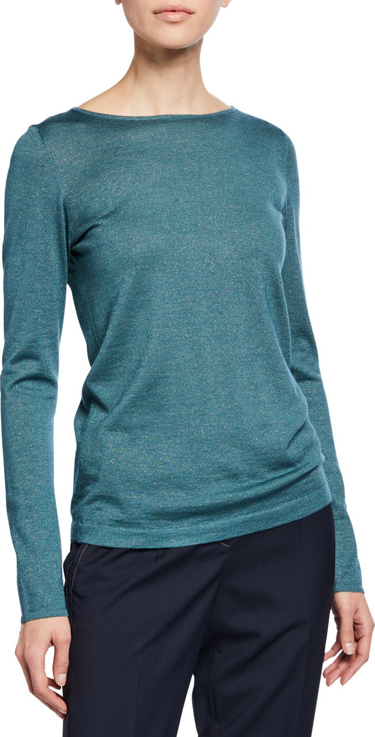 Brunello Cucinelli Boat-Neck Long-Sleeve Metallic-Knit Pullover