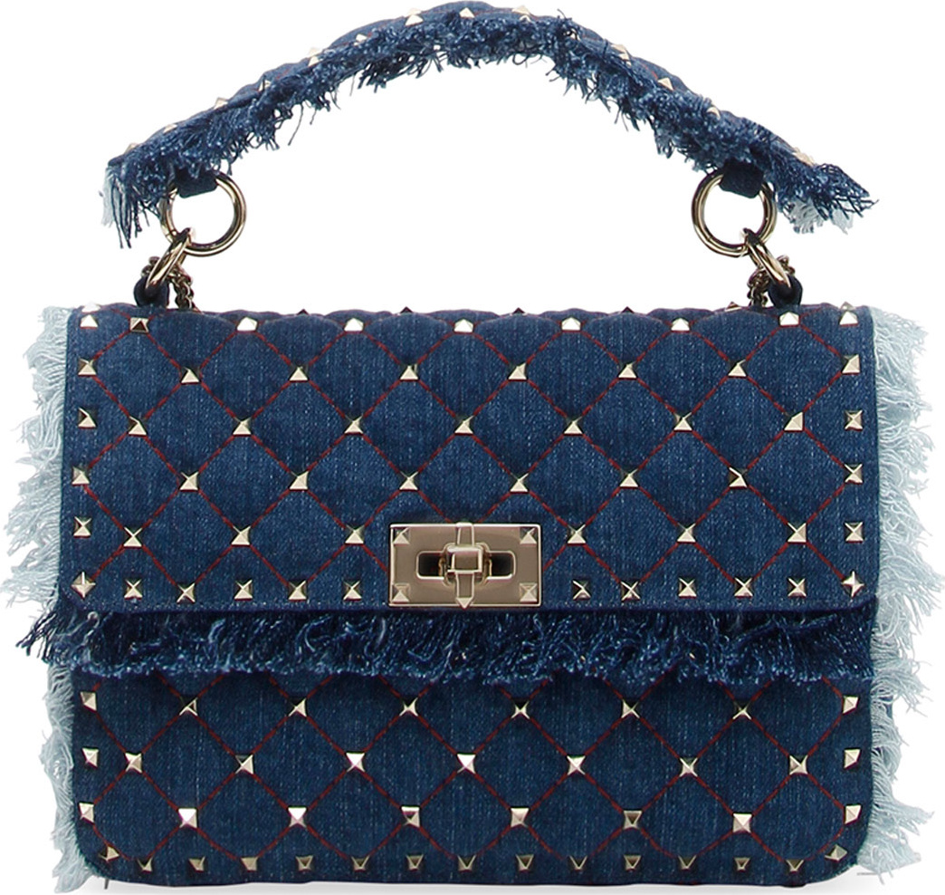 Valentino Rockstud Spike Medium Fringe Denim Shoulder Bag