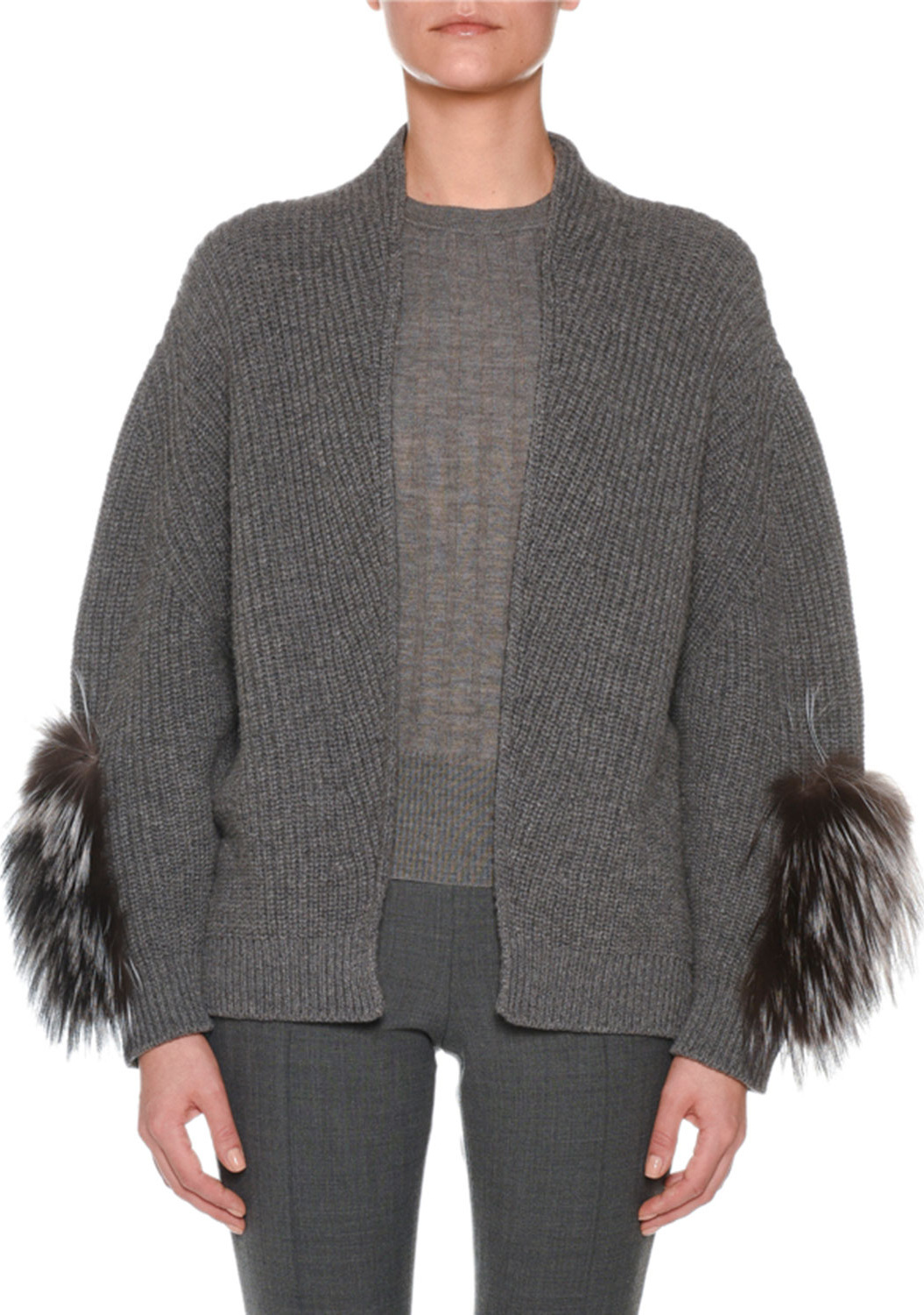 Agnona Open-Front Cashmere Ribbed Cardigan w/ Fox Fur Sleeve Patches