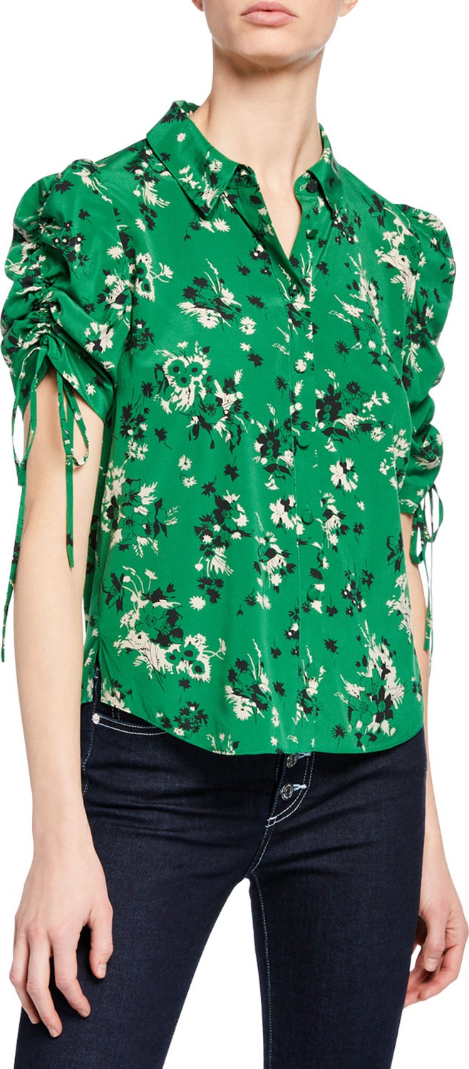 Veronica Beard Carmine Ruched-Sleeve Silk Button-Front Blouse