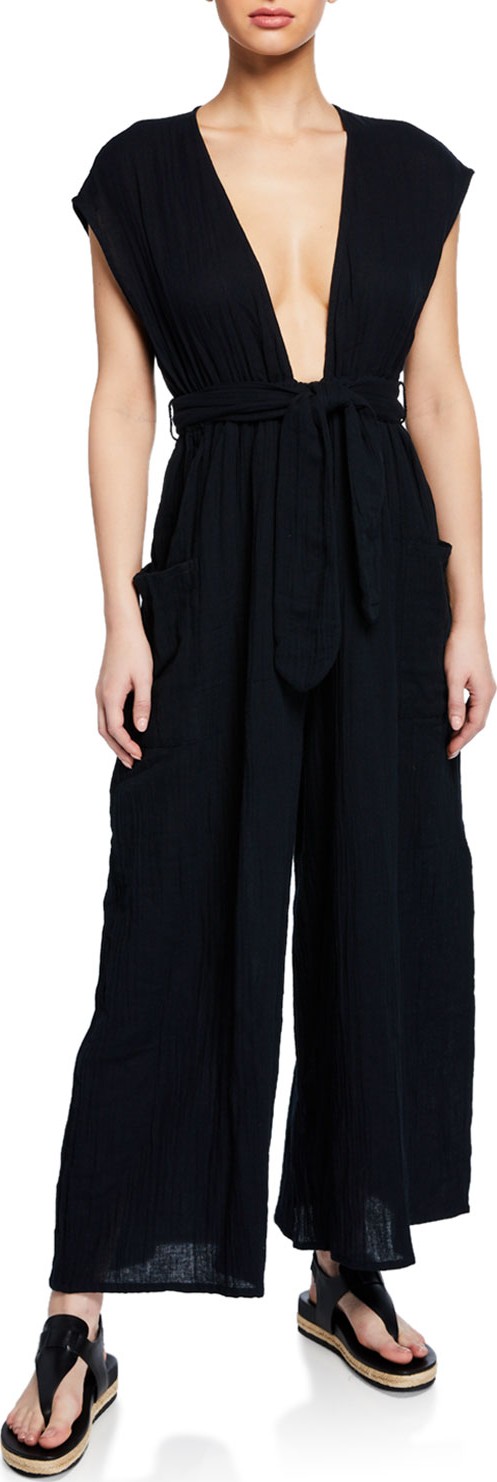 Mara Hoffman Whitney Plunging Cap-Sleeve Wide-Leg Cotton Gauze Jumpsuit