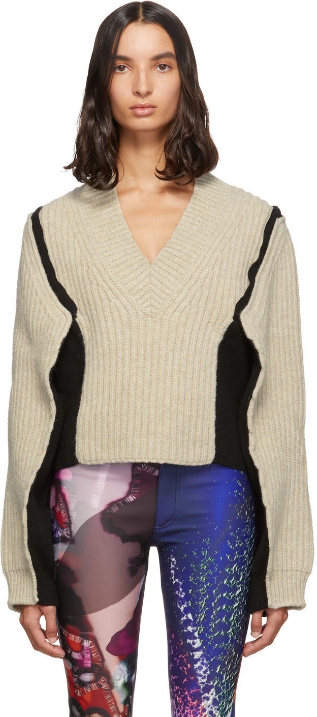Maison Margiela Beige Gauge 3 Panelled V-Neck Sweater