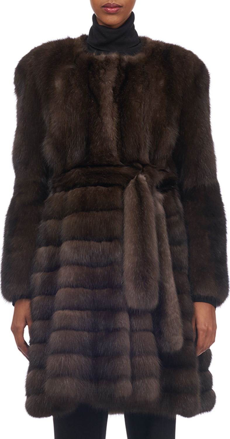 Gorski Belted Vertical Sable Fur Stroller Coat with Horizontal Flare Skirt Gorski Belted Vertical Sable Fur Stroller Coat with Horizontal Flare Skirt