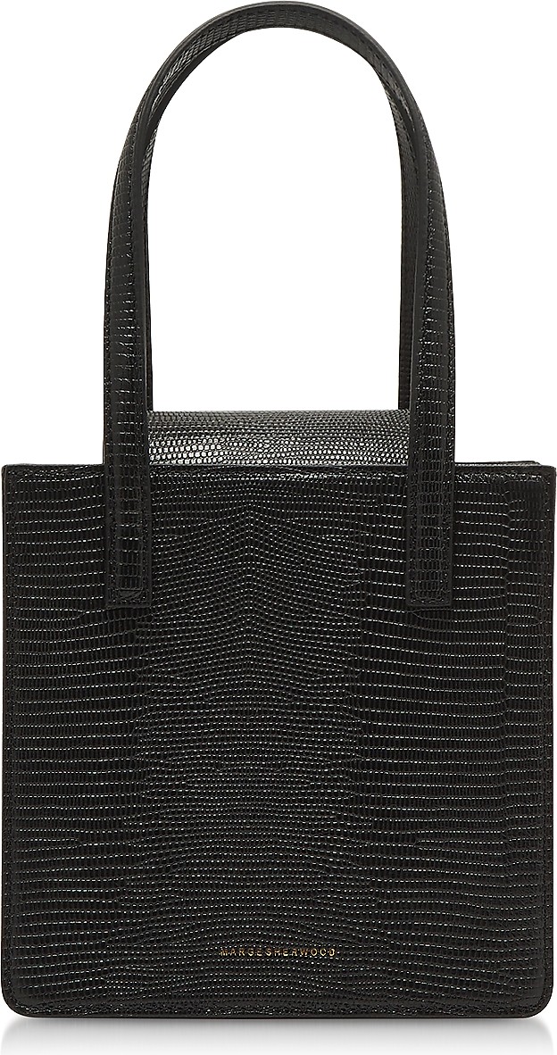 Marge Sherwood Black Lizard Embossed Leather Grandma Tote Bag