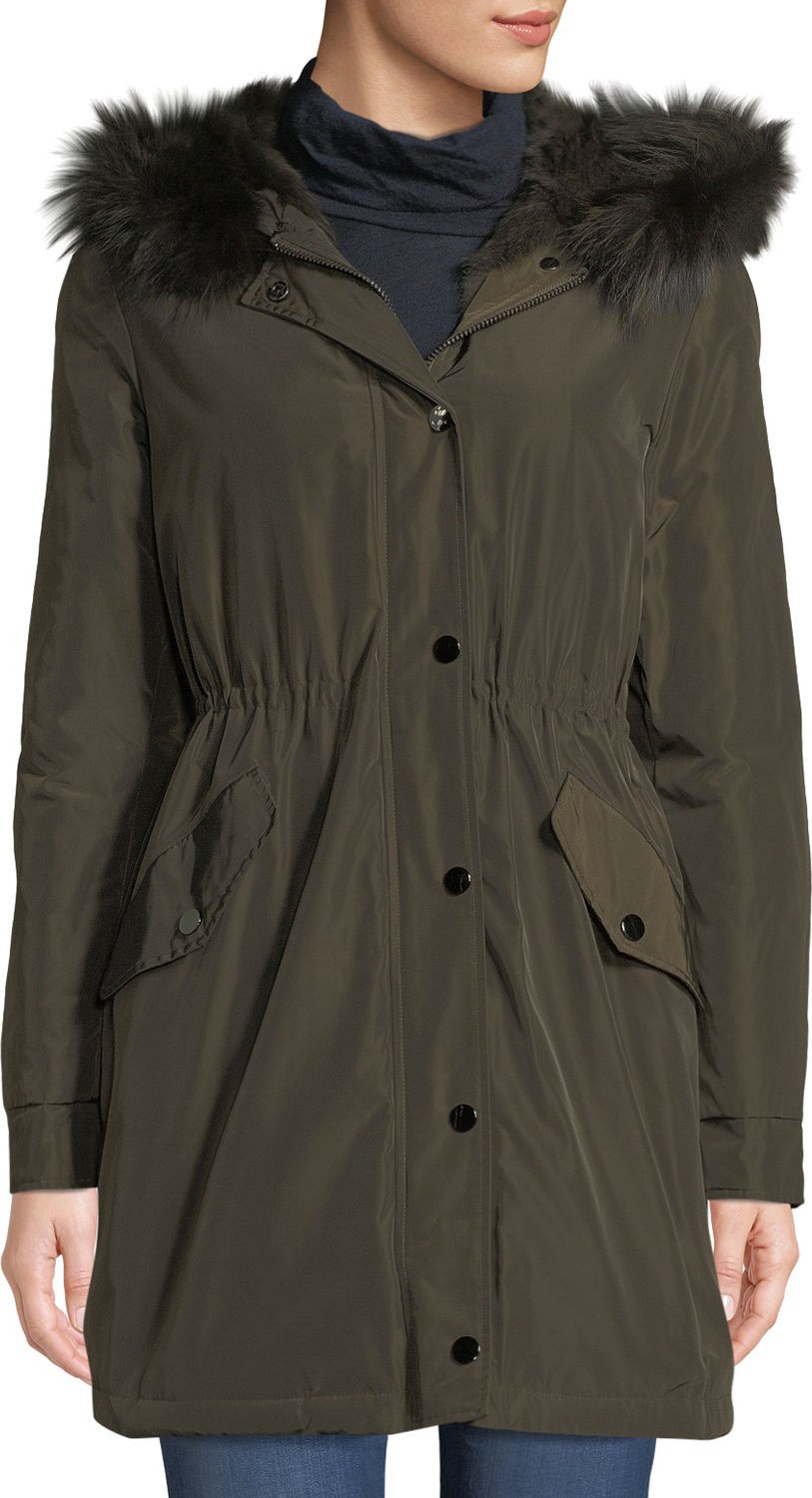 Belle Fare Hooded Microfabric Jacket w/ Fur Lining & Trim