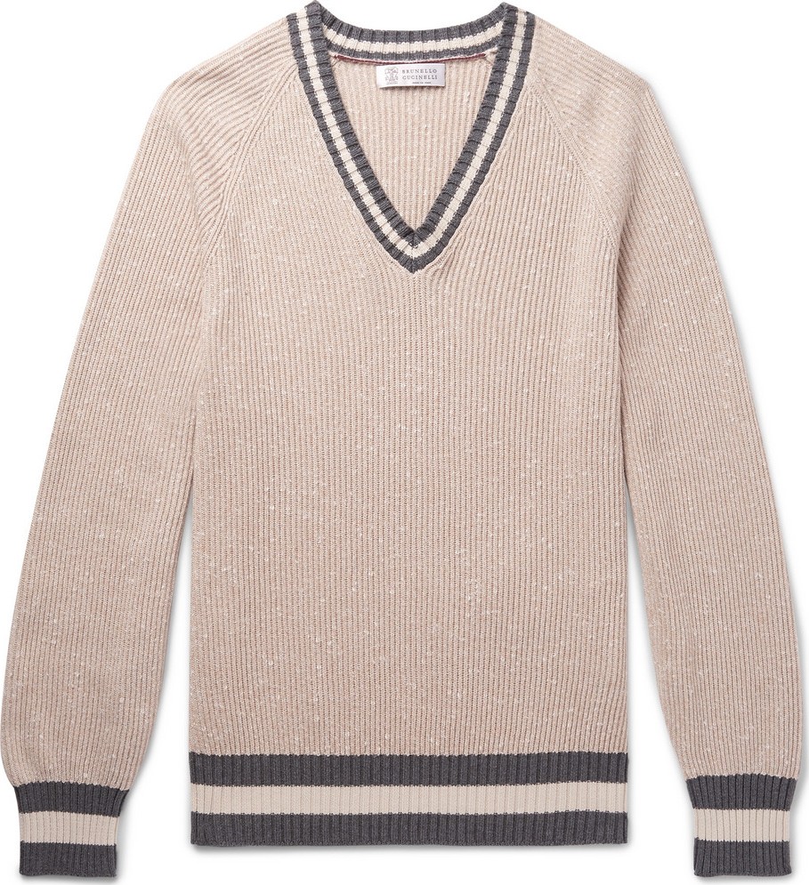 Brunello Cucinelli Contrast-Trimmed Slub Cotton-Blend Sweater